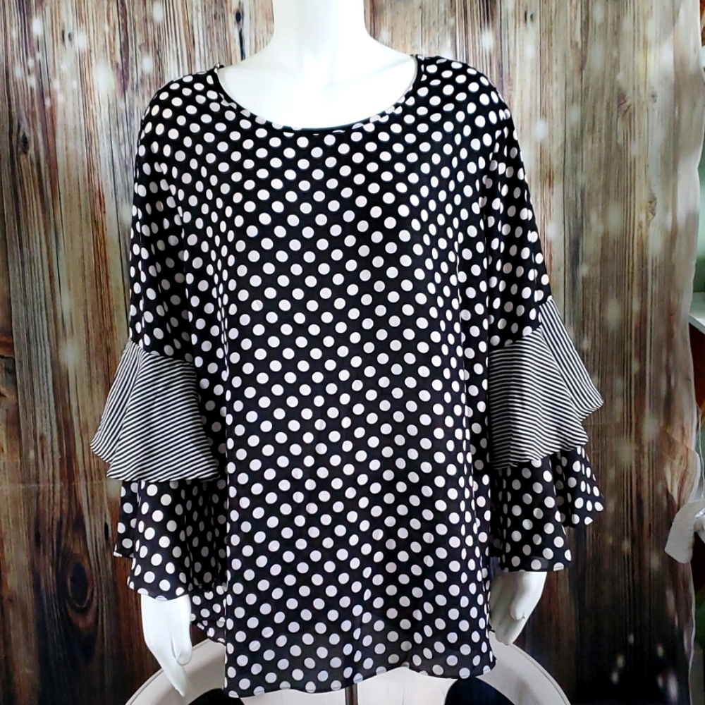 Cato Black and White Polka Dot Blouse with Striped Sleeves